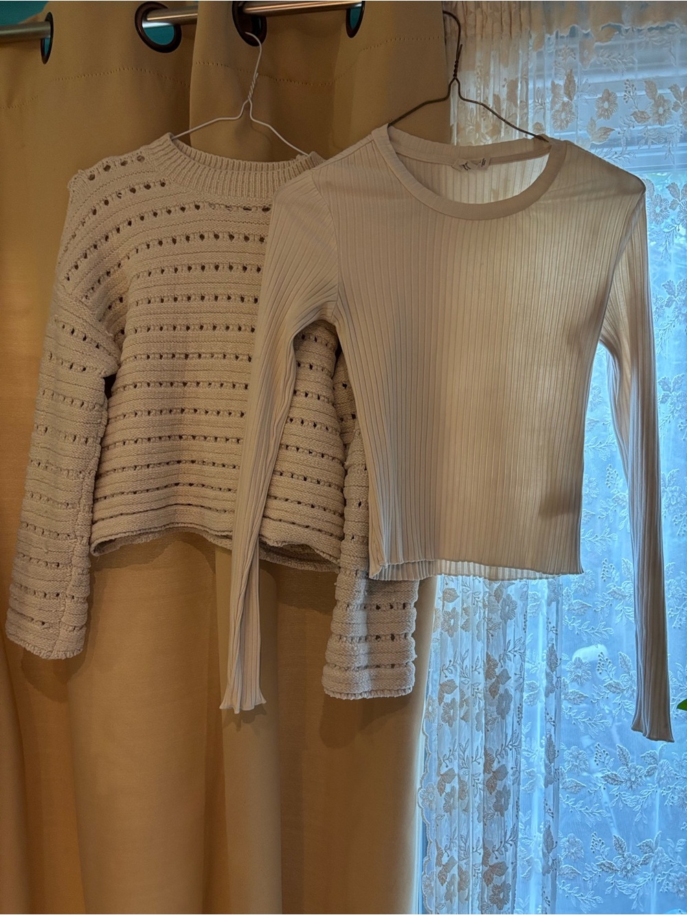 Cream Ribbed Long-Sleeve Top & Knit sweater Set
